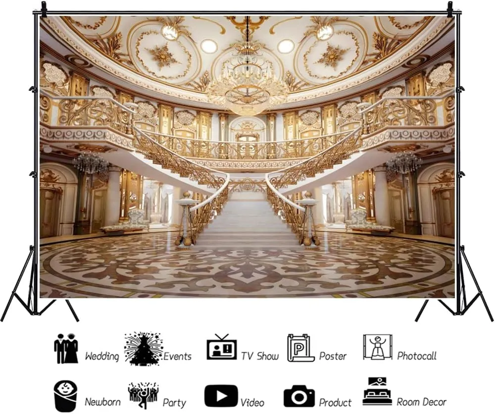 Luxurious Palace Castle Backdrop for Photography10x8ft European Golden Palace Chandelier Staircase Photo Background Wedding Ceremony Birthday Bridal Shower Girls Adult Portrait Banner Prop