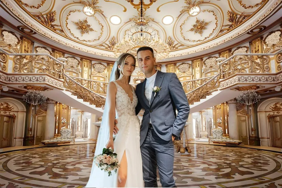 Luxurious Palace Castle Backdrop for Photography10x8ft European Golden Palace Chandelier Staircase Photo Background Wedding Ceremony Birthday Bridal Shower Girls Adult Portrait Banner Prop