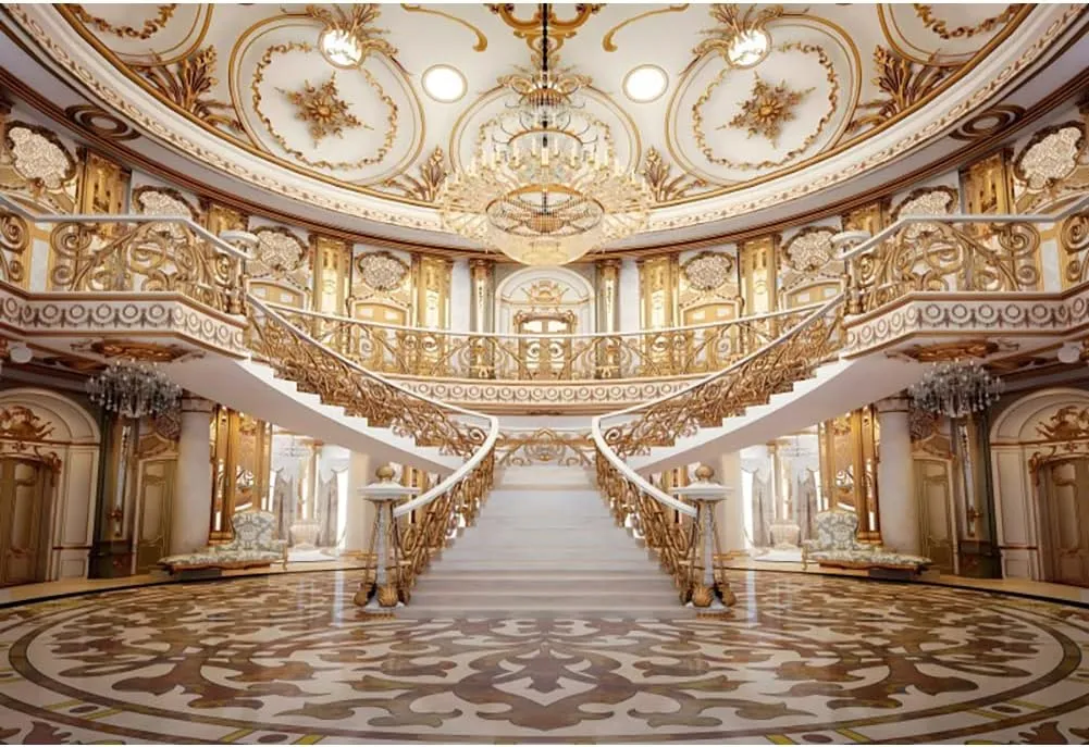 Luxurious Palace Castle Backdrop for Photography10x8ft European Golden Palace Chandelier Staircase Photo Background Wedding Ceremony Birthday Bridal Shower Girls Adult Portrait Banner Prop