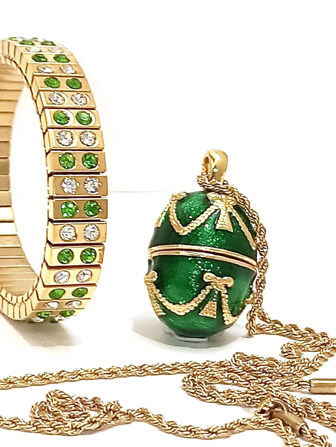 Luxury Emerald Faberge Egg Green Jewelry set NECKLACE & BRACELET 24kGOLD Artisan Gift Birthday Gift for women August Birthstone Daughter Inlaw Sister Niece Bday Idea Her present