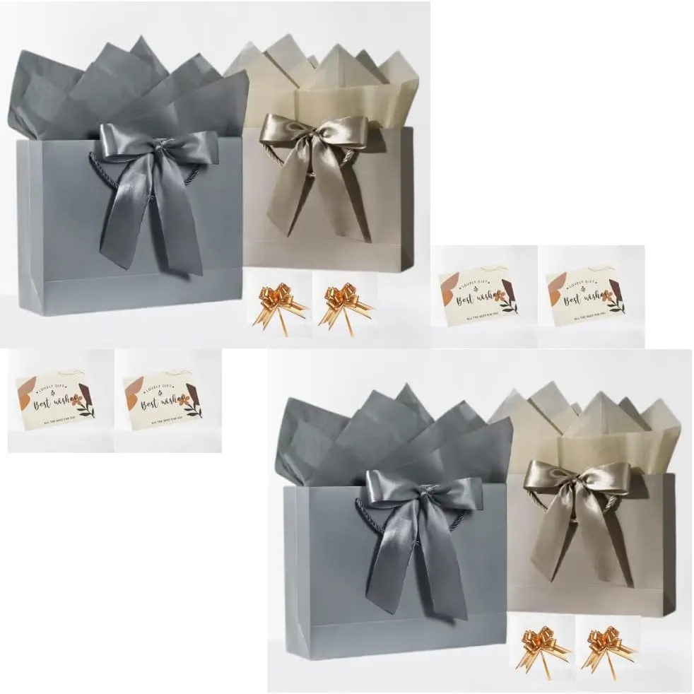 Luxury Gift Bags Set-4 Elegant Gift Bags with Handles, 8 Tissue Papers, 4 Greeting Cards and 4 Pull Ribbons- Perfect for Birthdays, Weddings and Special Occasions