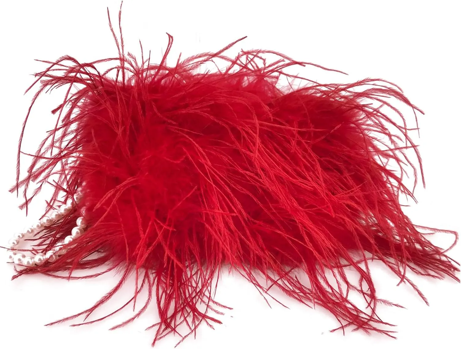 LVCOMEFF Women Ostrich Feather Clutch Mini Purse with Pearl Chain Small Handbag Furry Luxurious Party