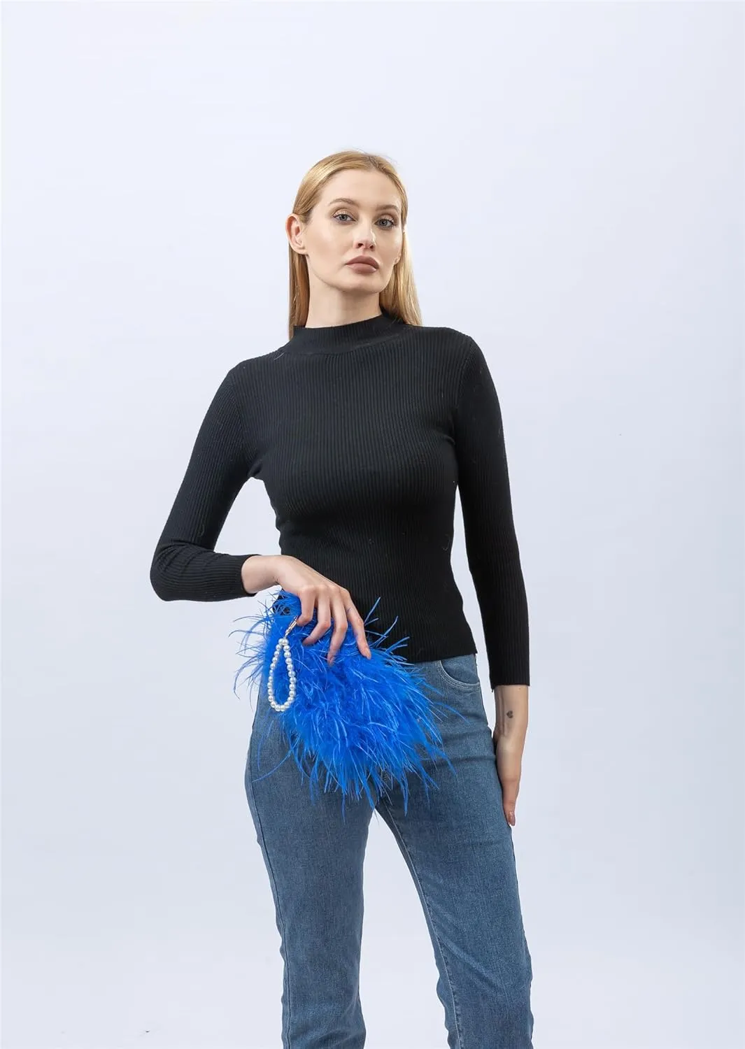 LVCOMEFF Women Ostrich Feather Clutch Mini Purse with Pearl Chain Small Handbag Furry Luxurious Party