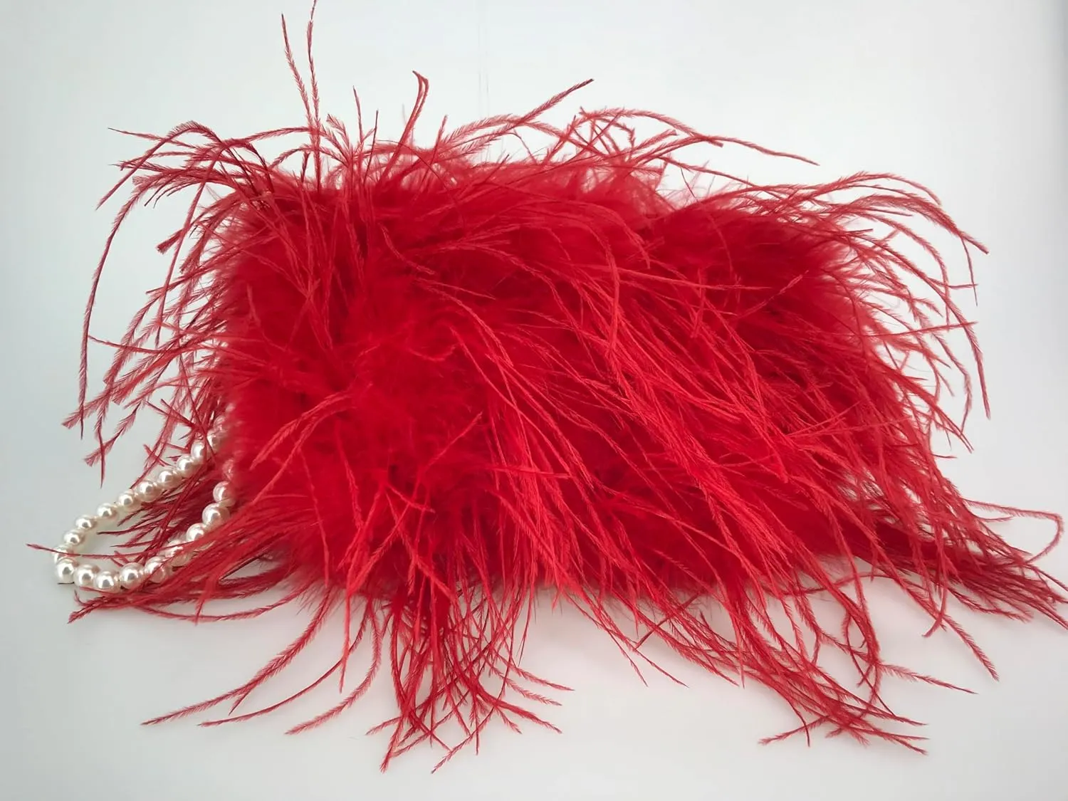 LVCOMEFF Women Ostrich Feather Clutch Mini Purse with Pearl Chain Small Handbag Furry Luxurious Party