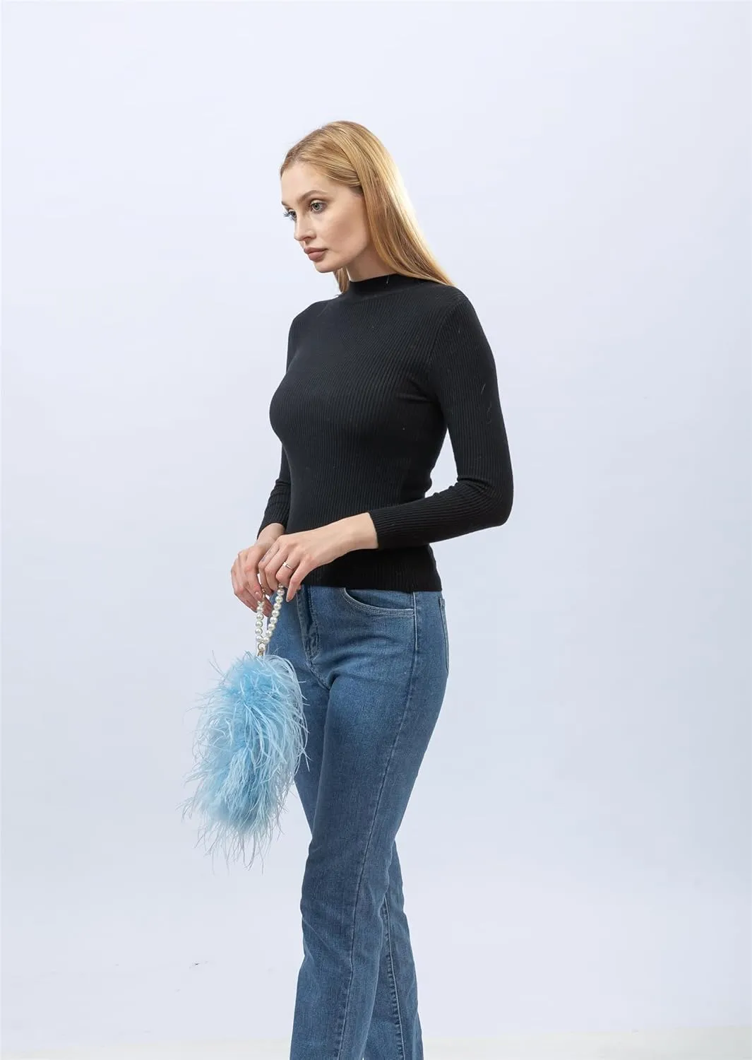 LVCOMEFF Women Ostrich Feather Clutch Mini Purse with Pearl Chain Small Handbag Furry Luxurious Party