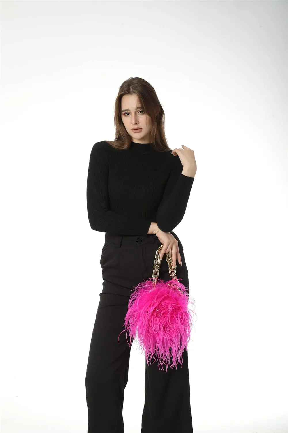 LVCOMEFF Women Ostrich Feather Mini Handbag Purse with Big Gold Chain for Party Fluffy Plush Luxurious