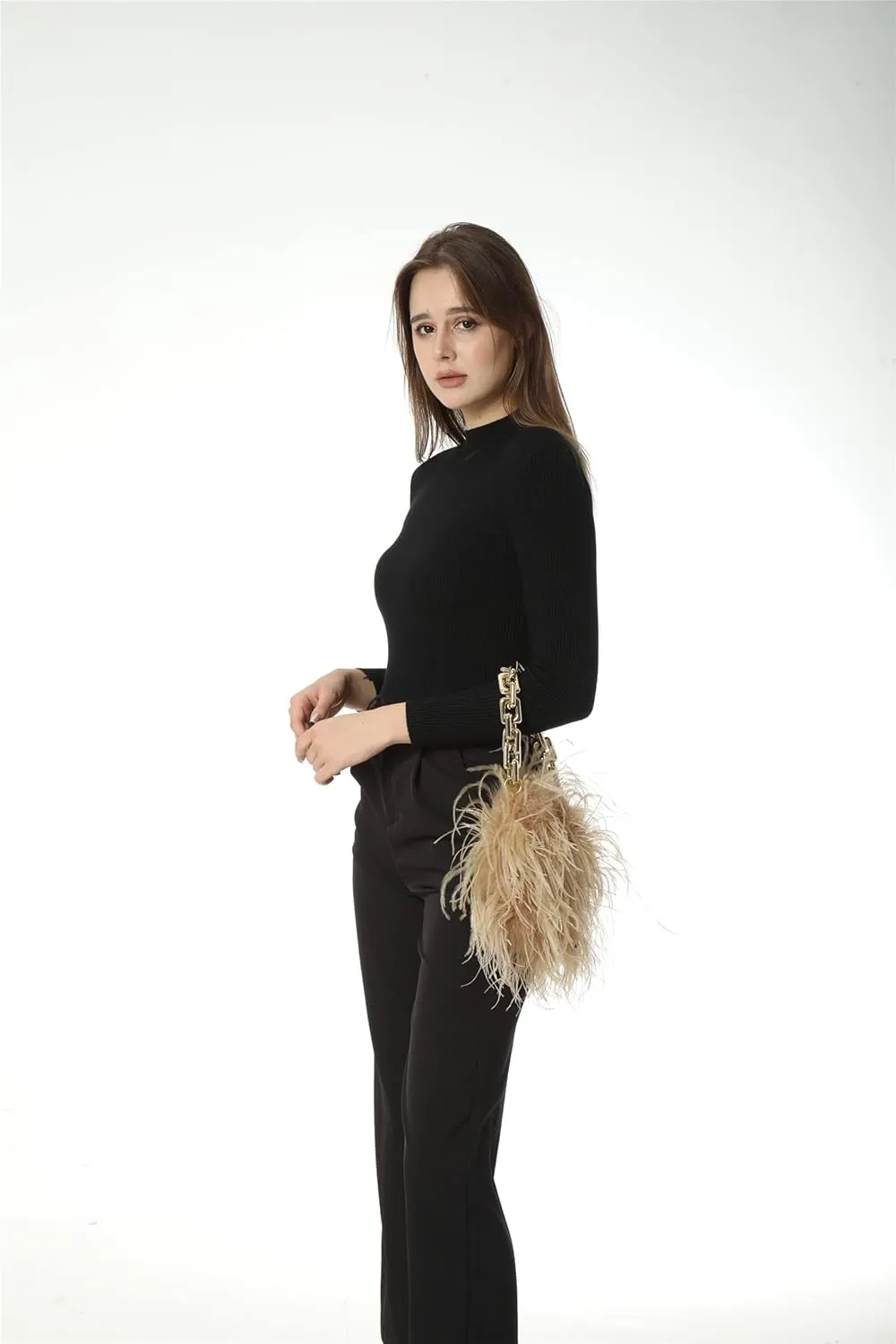LVCOMEFF Women Ostrich Feather Mini Handbag Purse with Big Gold Chain for Party Fluffy Plush Luxurious