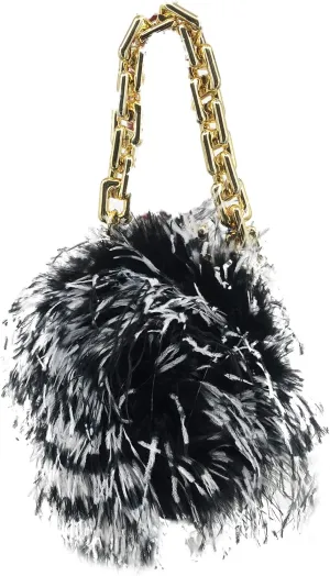 LVCOMEFF Women Ostrich Feather Mini Handbag Purse with Big Gold Chain for Party Fluffy Plush Luxurious