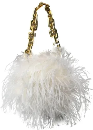 LVCOMEFF Women Ostrich Feather Mini Handbag Purse with Big Gold Chain for Party Fluffy Plush Luxurious