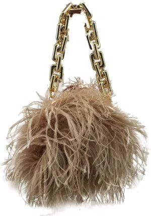 LVCOMEFF Women Ostrich Feather Mini Handbag Purse with Big Gold Chain for Party Fluffy Plush Luxurious