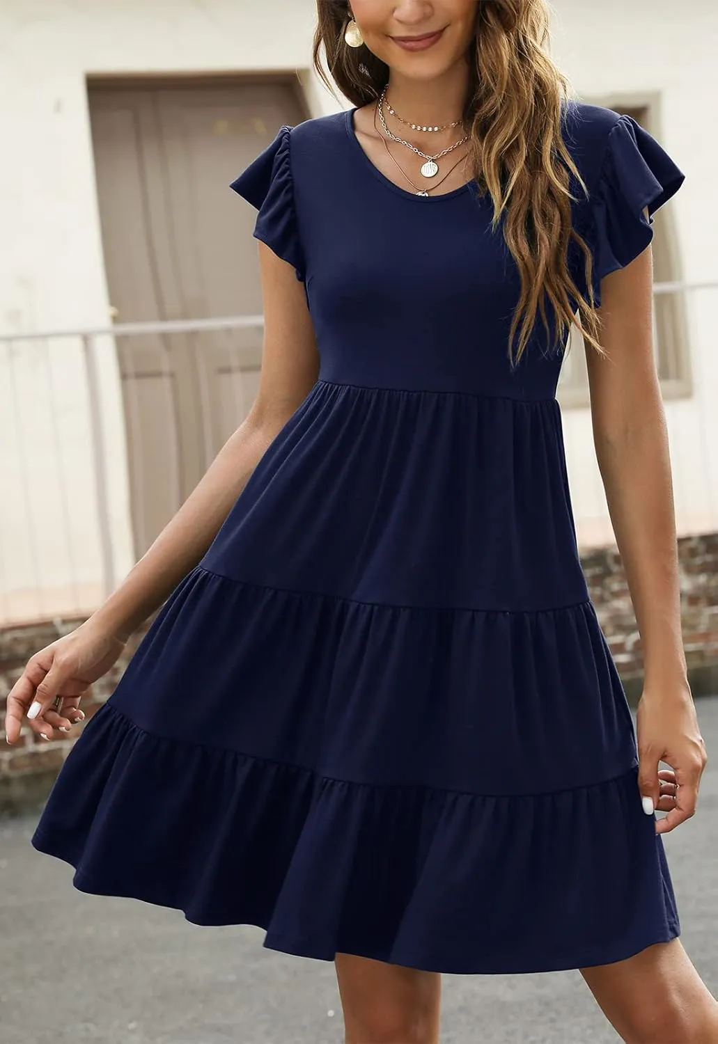 Lyrur Sundresses for Women Wedding Guest Cute Ruffle Sleeve Mini Tiered Babydoll Casual Beach Black Summer Dresses