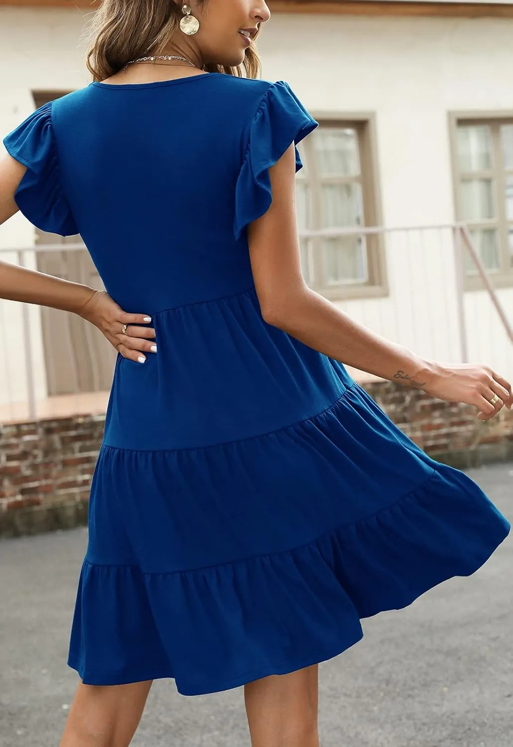 Lyrur Sundresses for Women Wedding Guest Cute Ruffle Sleeve Mini Tiered Babydoll Casual Beach Black Summer Dresses