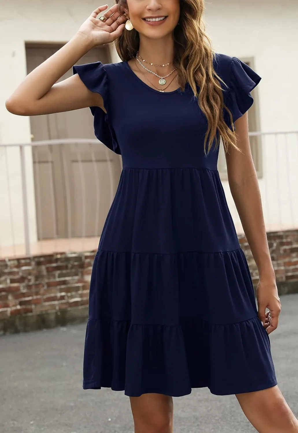 Lyrur Sundresses for Women Wedding Guest Cute Ruffle Sleeve Mini Tiered Babydoll Casual Beach Black Summer Dresses