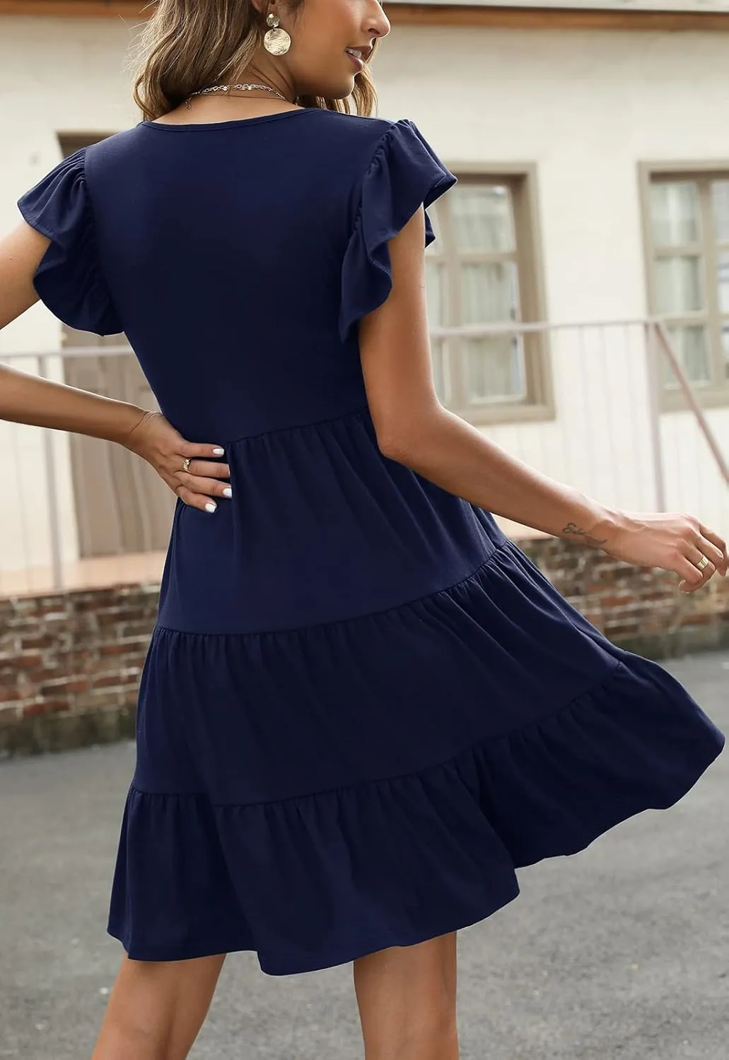 Lyrur Sundresses for Women Wedding Guest Cute Ruffle Sleeve Mini Tiered Babydoll Casual Beach Black Summer Dresses