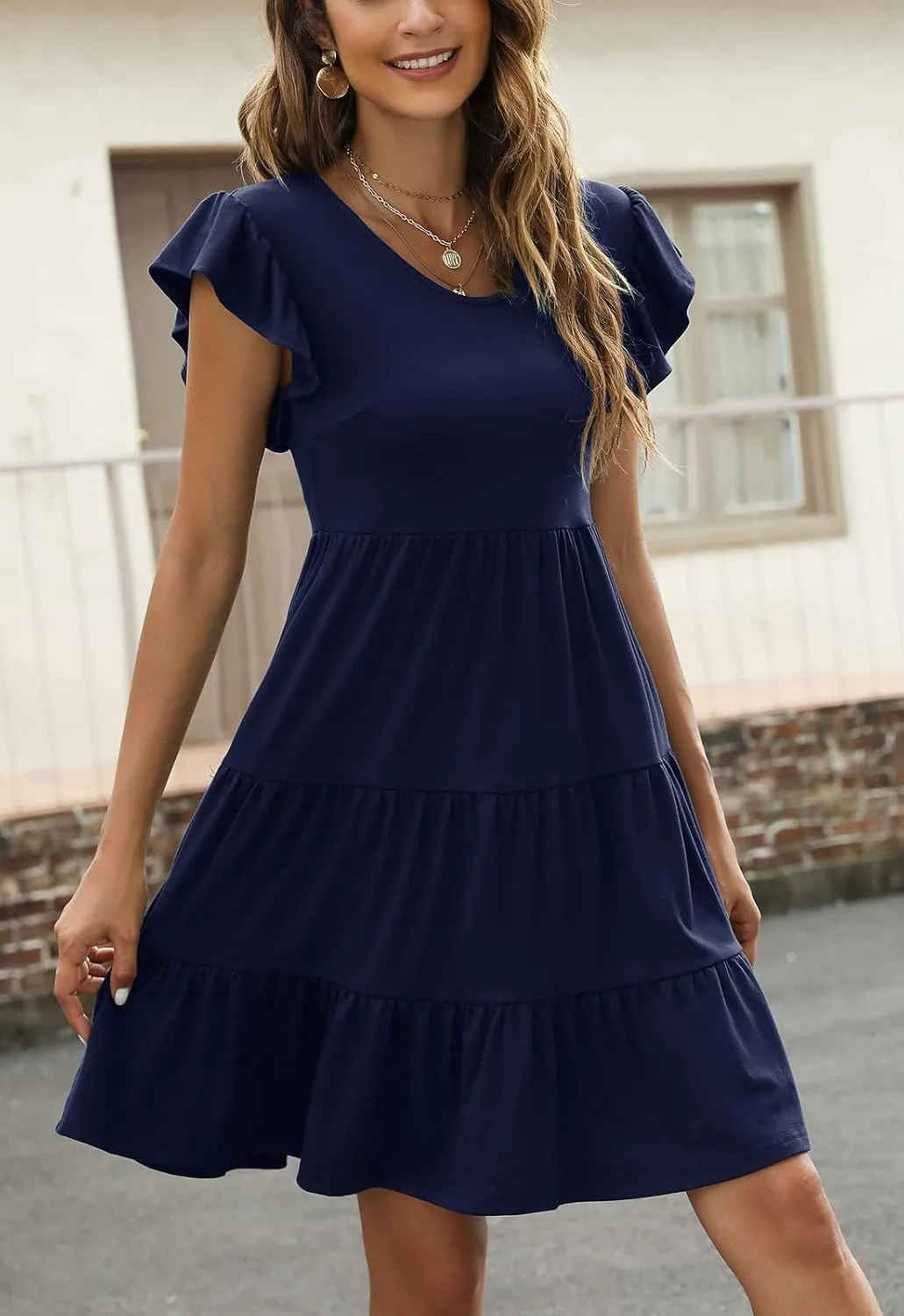Lyrur Sundresses for Women Wedding Guest Cute Ruffle Sleeve Mini Tiered Babydoll Casual Beach Black Summer Dresses