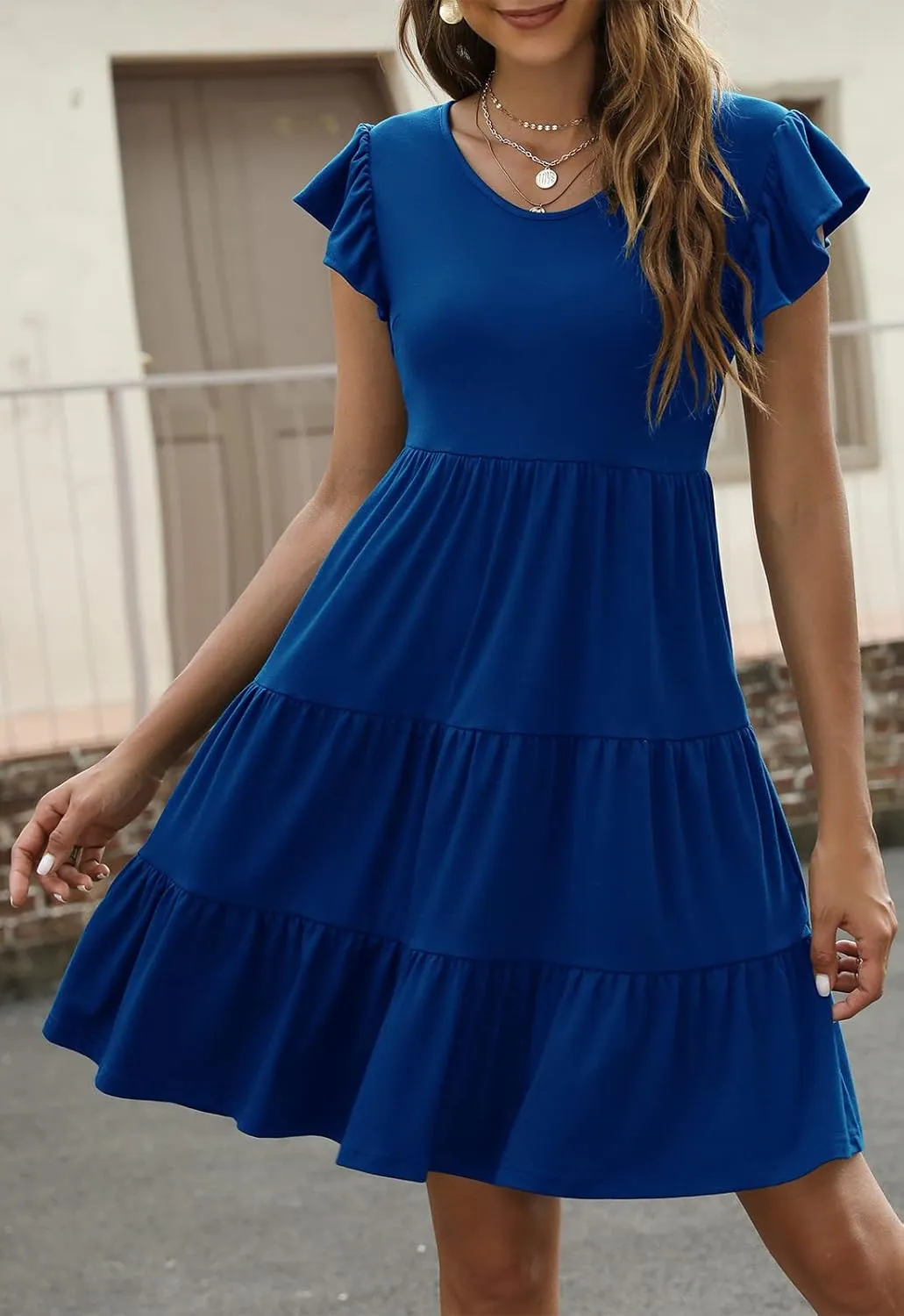 Lyrur Sundresses for Women Wedding Guest Cute Ruffle Sleeve Mini Tiered Babydoll Casual Beach Black Summer Dresses
