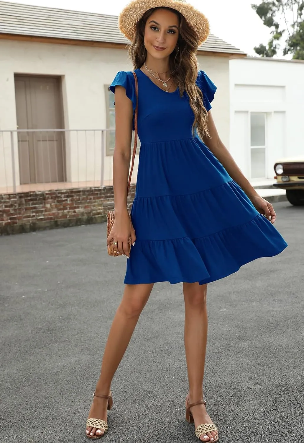 Lyrur Sundresses for Women Wedding Guest Cute Ruffle Sleeve Mini Tiered Babydoll Casual Beach Black Summer Dresses
