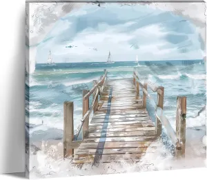 LYUNSHUO Coastal Dock Canvas Wall Art Blue Ocean Waves & White Sailboats Decor Farmhouse Beach House Print with Wooden Pier & Soft Clouds Picture for Living Room Bathroom Office​ - 28.00"x28.00"