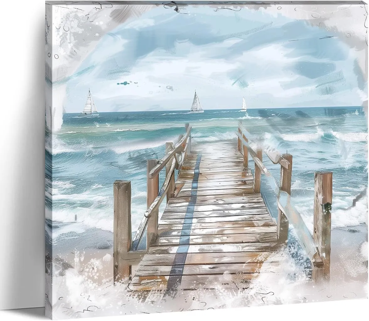 LYUNSHUO Coastal Dock Canvas Wall Art Blue Ocean Waves & White Sailboats Decor Farmhouse Beach House Print with Wooden Pier & Soft Clouds Picture for Living Room Bathroom Office​ - 28.00"x28.00"