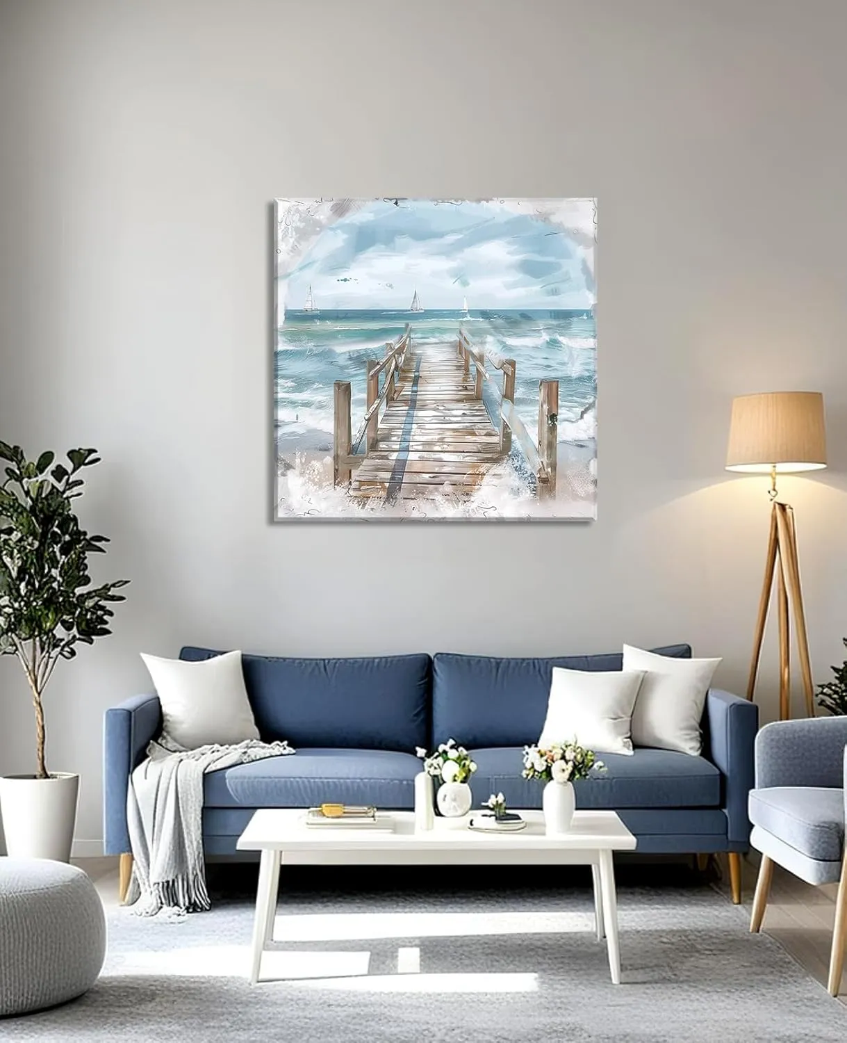 LYUNSHUO Coastal Dock Canvas Wall Art Blue Ocean Waves & White Sailboats Decor Farmhouse Beach House Print with Wooden Pier & Soft Clouds Picture for Living Room Bathroom Office​ - 28.00"x28.00"