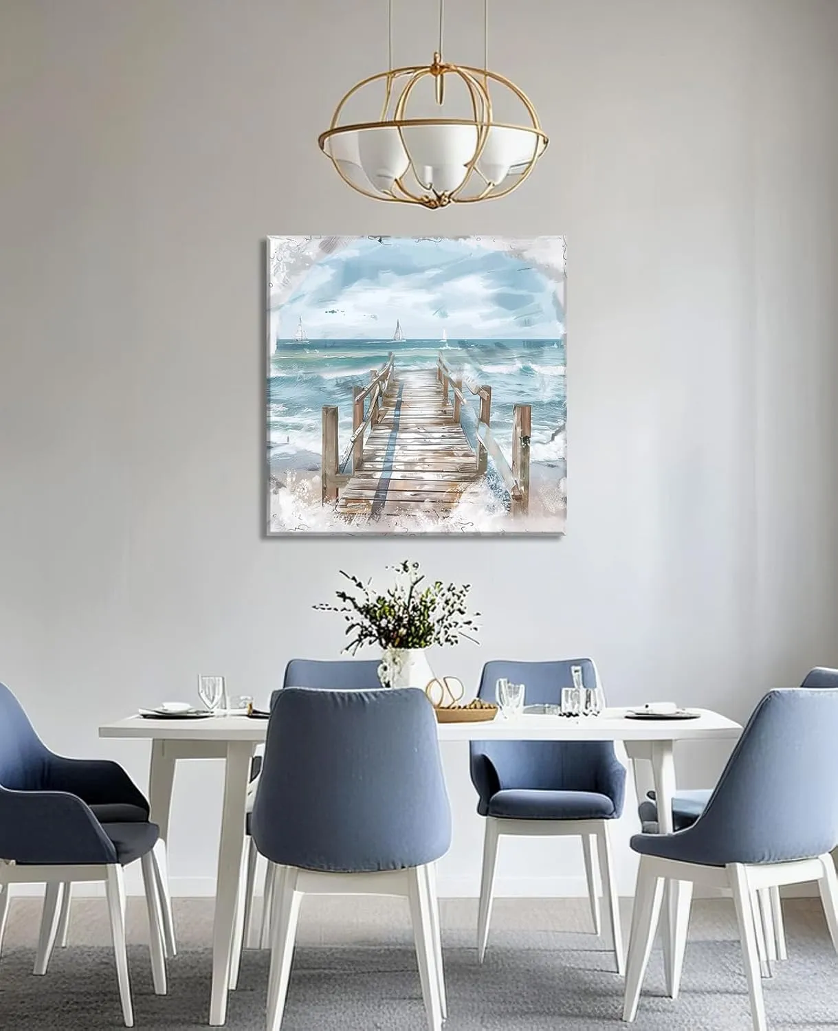 LYUNSHUO Coastal Dock Canvas Wall Art Blue Ocean Waves & White Sailboats Decor Farmhouse Beach House Print with Wooden Pier & Soft Clouds Picture for Living Room Bathroom Office​ - 28.00"x28.00"