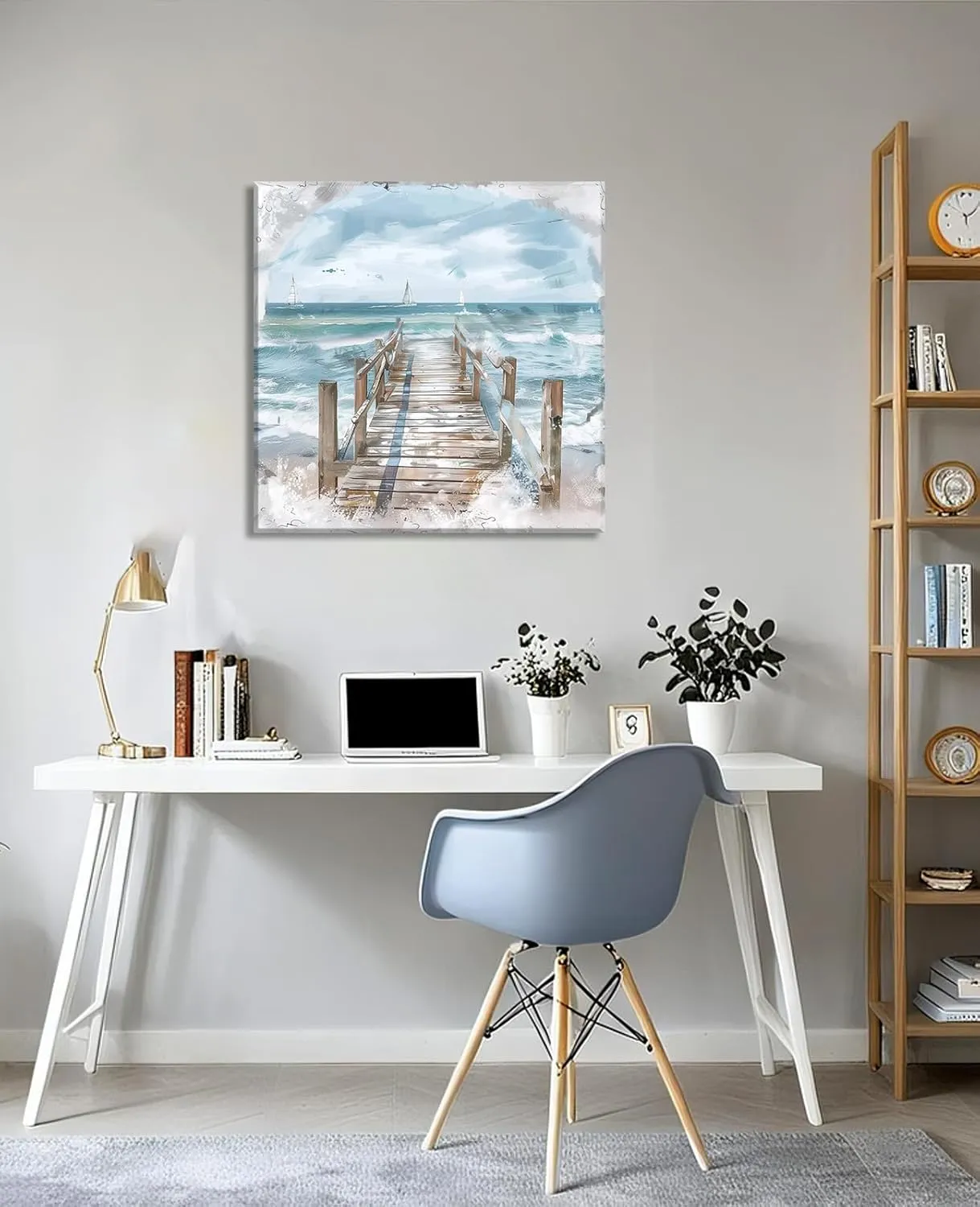 LYUNSHUO Coastal Dock Canvas Wall Art Blue Ocean Waves & White Sailboats Decor Farmhouse Beach House Print with Wooden Pier & Soft Clouds Picture for Living Room Bathroom Office​ - 28.00"x28.00"