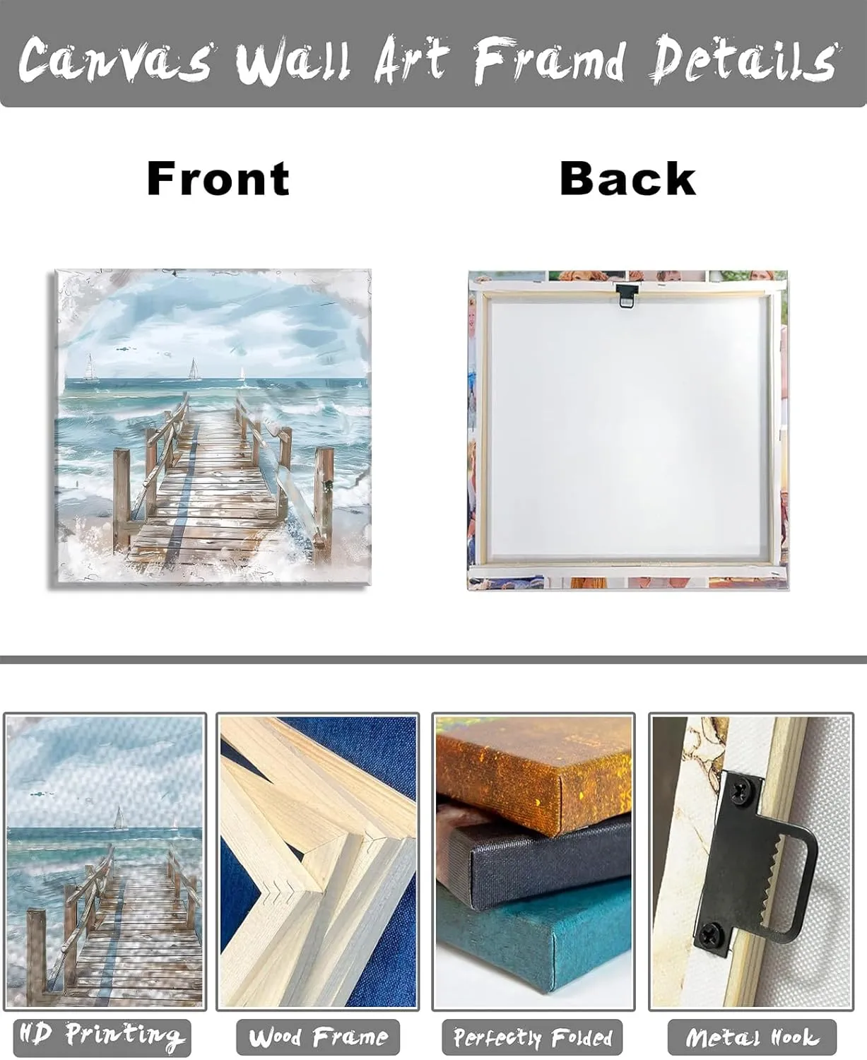 LYUNSHUO Coastal Dock Canvas Wall Art Blue Ocean Waves & White Sailboats Decor Farmhouse Beach House Print with Wooden Pier & Soft Clouds Picture for Living Room Bathroom Office​ - 28.00"x28.00"