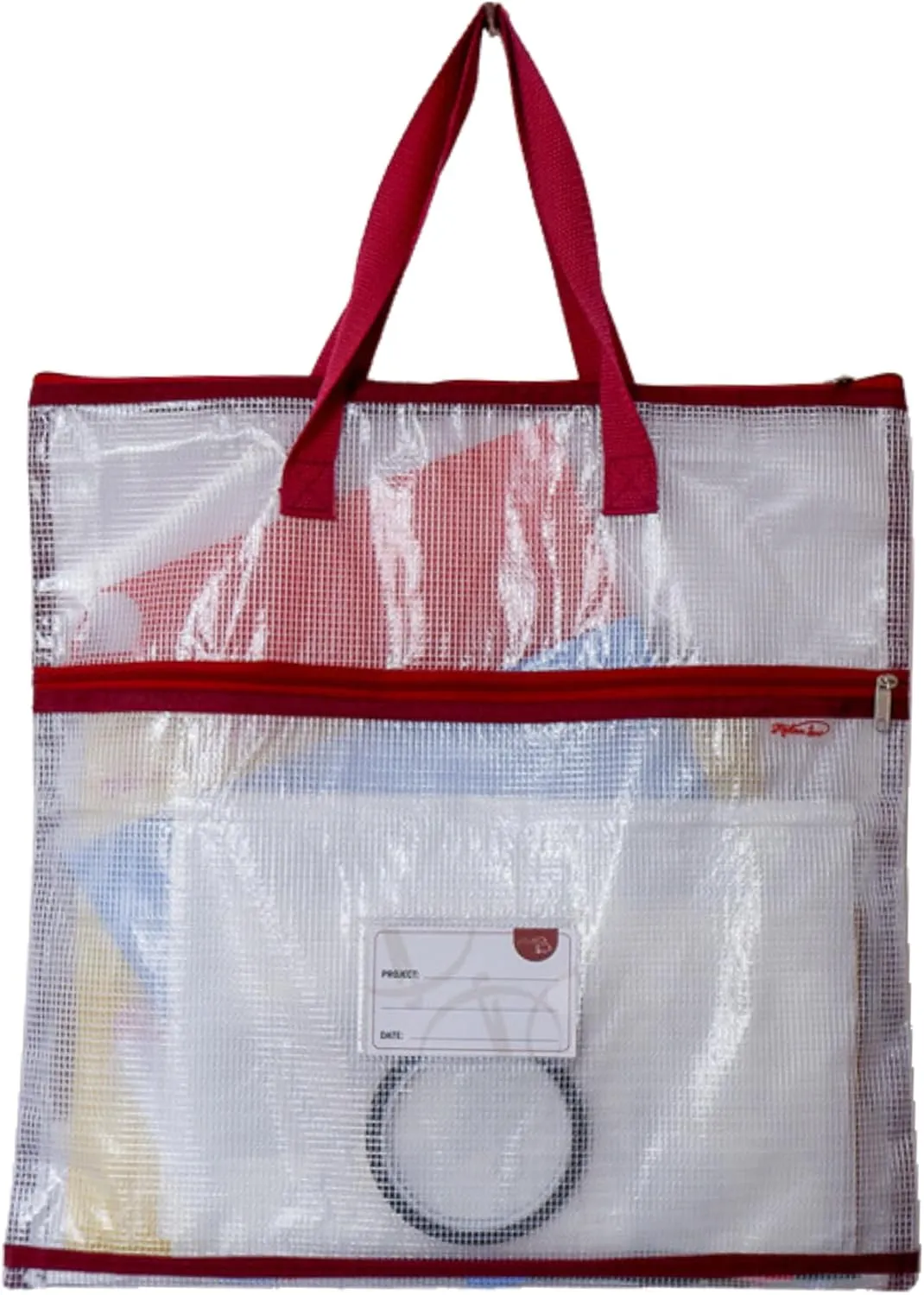 Madam Sew Project Bag - Craft Bag Organizer Tote with Handles, Two Pockets, See-Through Mesh, and Card Slot – Perfect for Quilting, Knitting, Stitching and Embroidery Projects Storage - 16”x16”