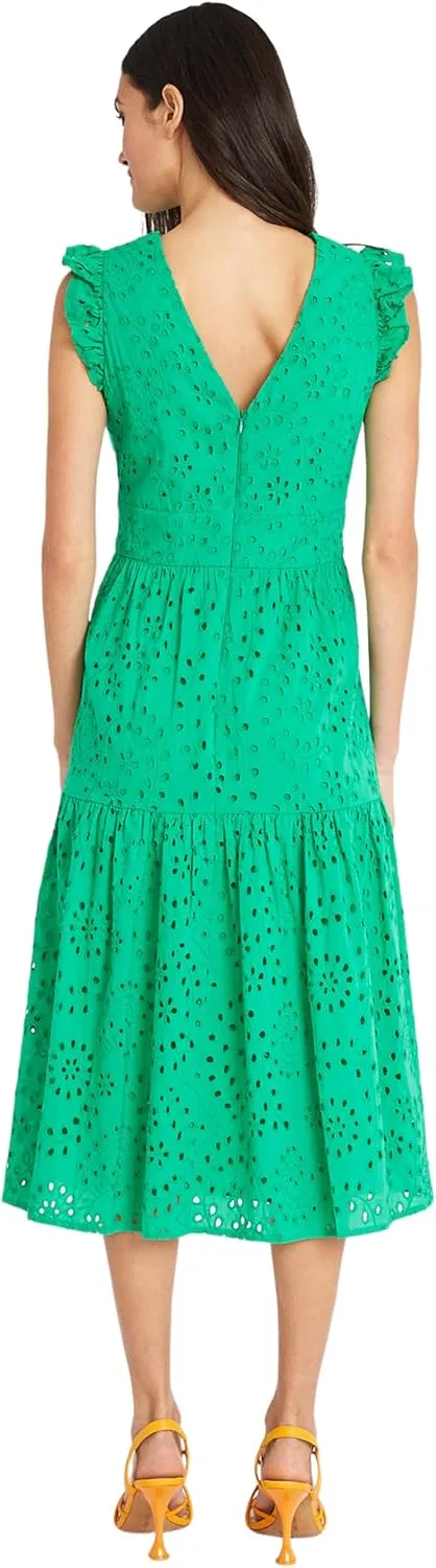 Maggy London Women's Sleeveless V-Neck with Ruffle Shoulder Detail and Tiered Skirt