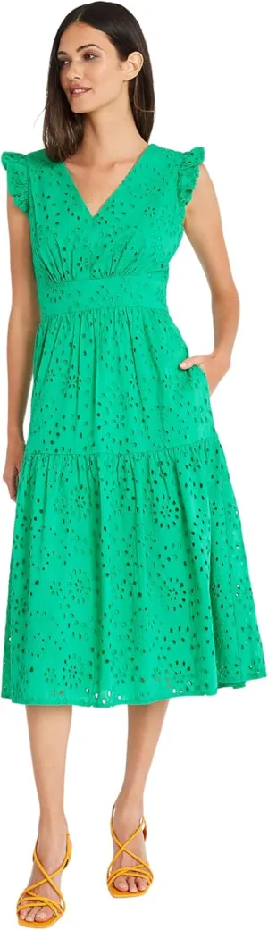 Maggy London Women's Sleeveless V-Neck with Ruffle Shoulder Detail and Tiered Skirt