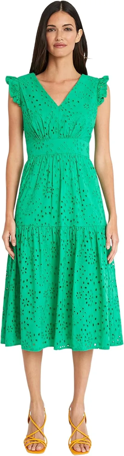 Maggy London Women's Sleeveless V-Neck with Ruffle Shoulder Detail and Tiered Skirt