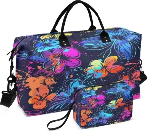 Magic Color Flower Travel Duffel Bags with Toiletry Bag and Adjustable Strap for Travel Gym Yoga