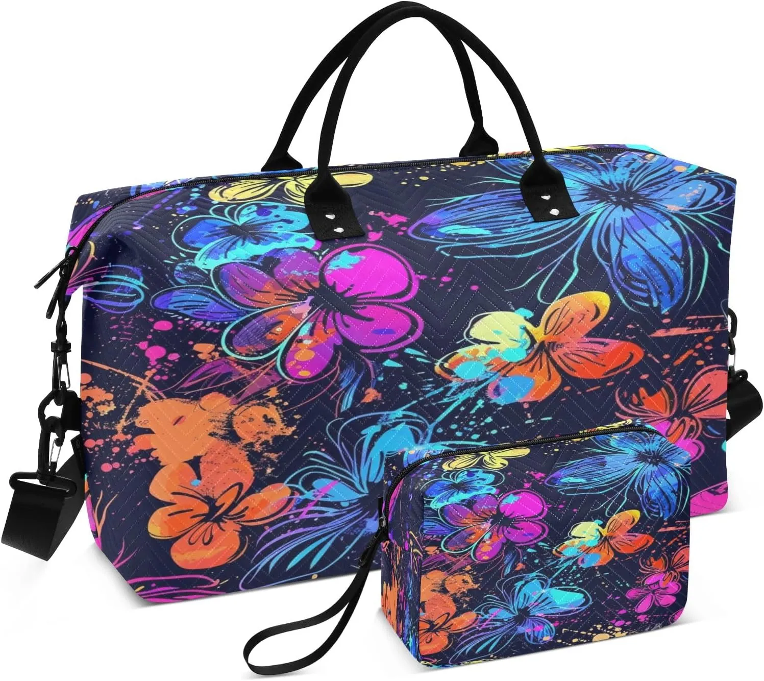 Magic Color Flower Travel Duffel Bags with Toiletry Bag and Adjustable Strap for Travel Gym Yoga