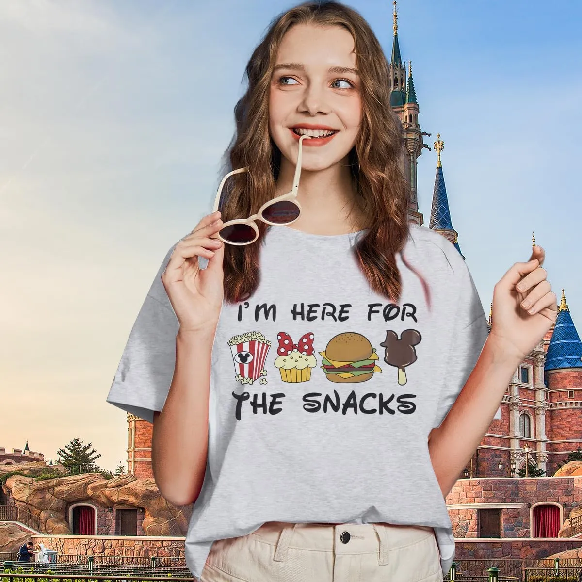 Magical Shirt for Women: I'm Here for The Snacks Shirts Magic Kingdom T-Shirt Funny World Trips Short Sleeve Tee Top