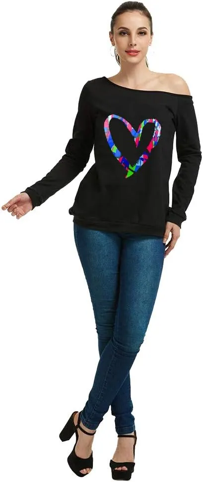 MAGICMK Woman’s Sweatershirt Lips Print Causal Blouse Off The Shoulder Long Sleeve Loose Slouchy Pullover Plus Size Tops