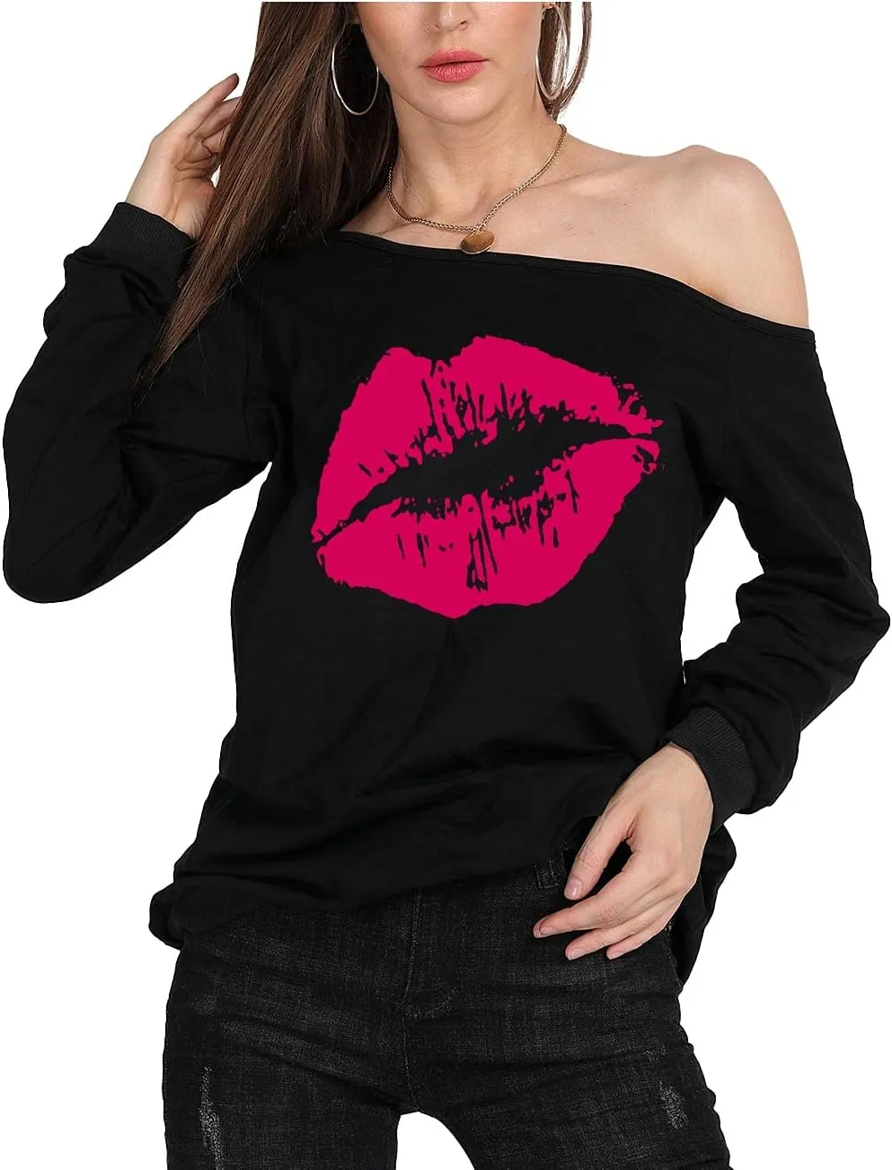 MAGICMK Woman’s Sweatershirt Lips Print Causal Blouse Off The Shoulder Long Sleeve Loose Slouchy Pullover Plus Size Tops