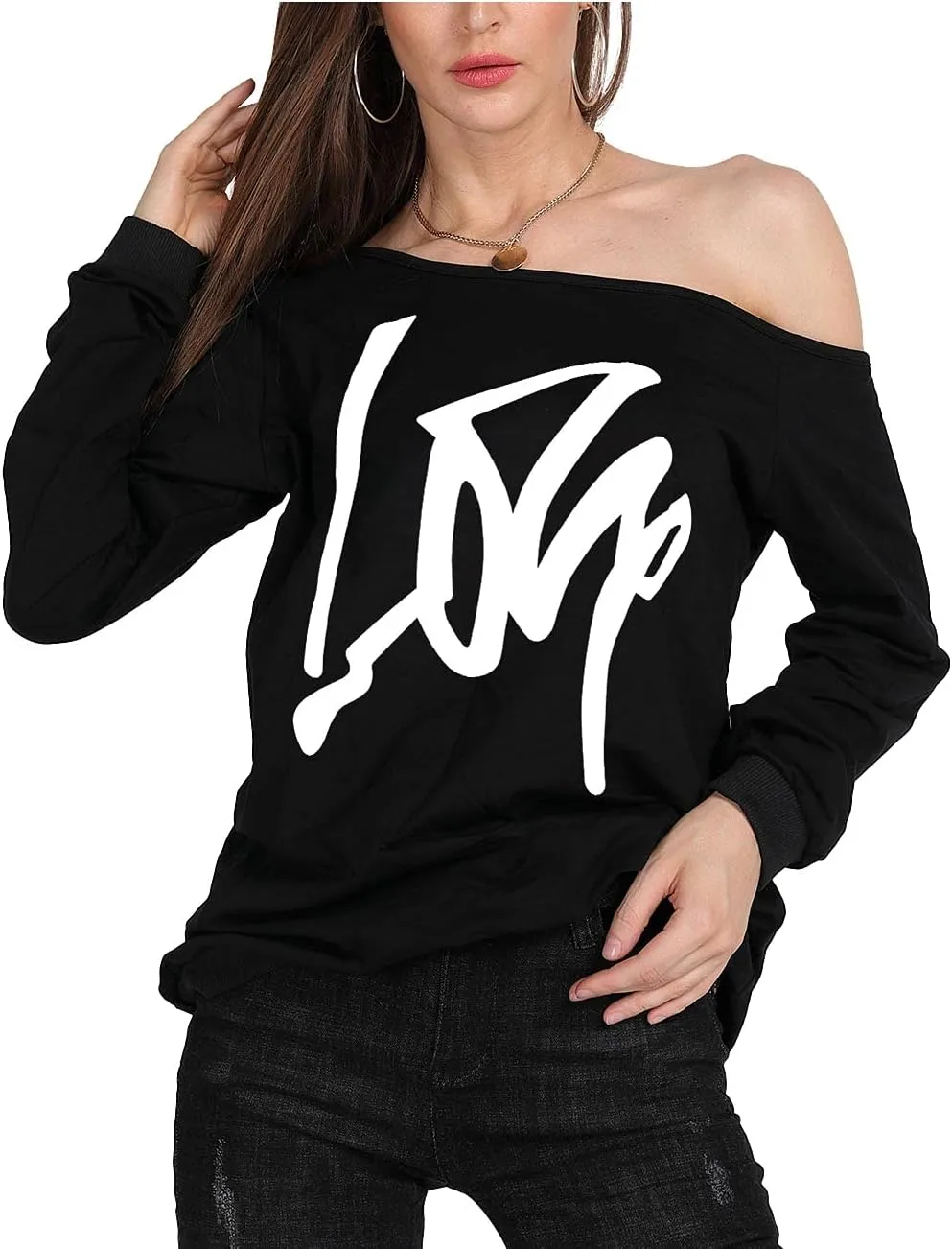 MAGICMK Woman’s Sweatershirt Lips Print Causal Blouse Off The Shoulder Long Sleeve Loose Slouchy Pullover Plus Size Tops