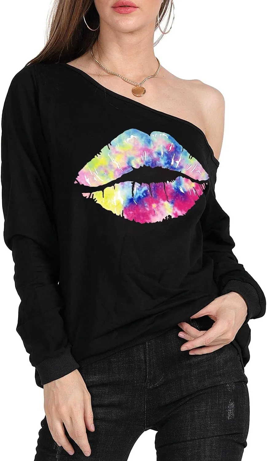 MAGICMK Woman’s Sweatershirt Lips Print Causal Blouse Off The Shoulder Long Sleeve Loose Slouchy Pullover Plus Size Tops