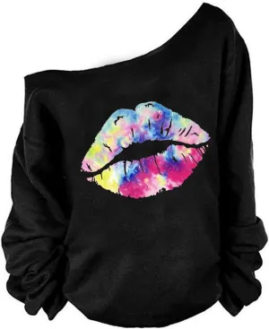 MAGICMK Woman’s Sweatershirt Lips Print Causal Blouse Off The Shoulder Long Sleeve Loose Slouchy Pullover Plus Size Tops