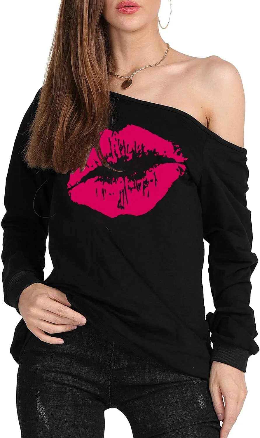 MAGICMK Woman’s Sweatershirt Lips Print Causal Blouse Off The Shoulder Long Sleeve Loose Slouchy Pullover Plus Size Tops