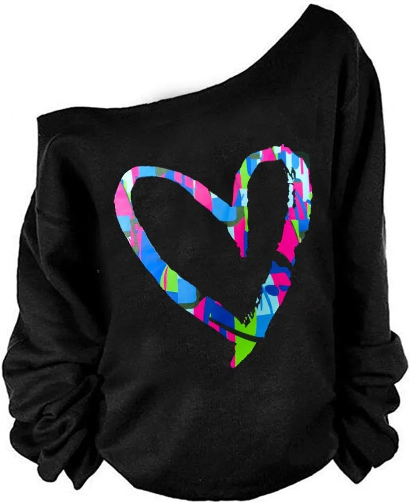 MAGICMK Woman’s Sweatershirt Lips Print Causal Blouse Off The Shoulder Long Sleeve Loose Slouchy Pullover Plus Size Tops