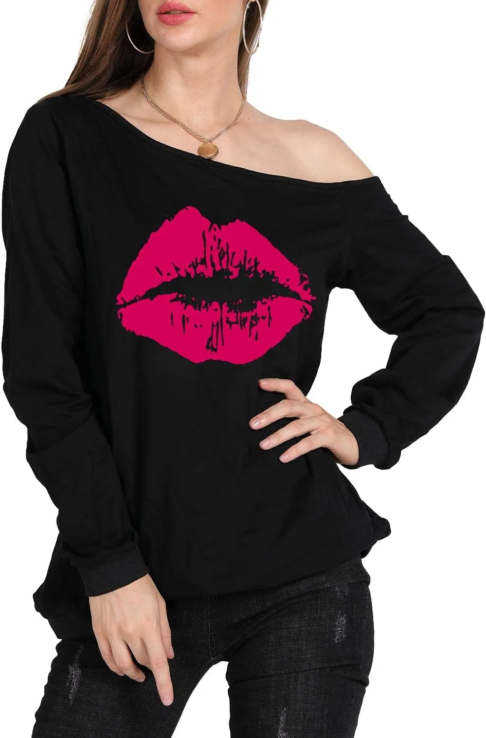 MAGICMK Woman’s Sweatershirt Lips Print Causal Blouse Off The Shoulder Long Sleeve Loose Slouchy Pullover Plus Size Tops