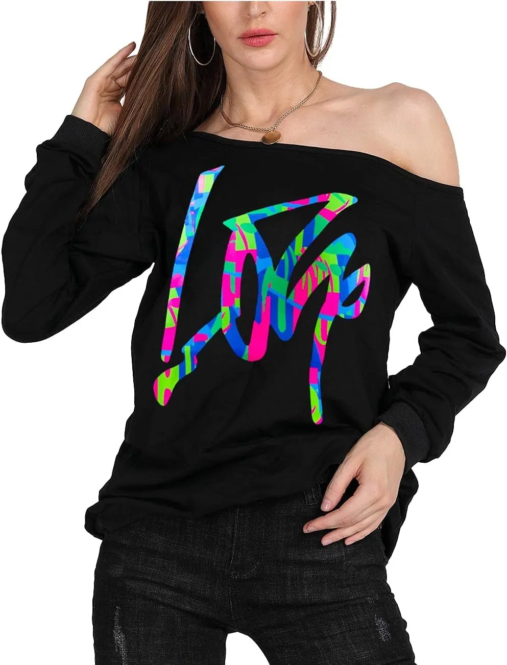 MAGICMK Woman’s Sweatershirt Lips Print Causal Blouse Off The Shoulder Long Sleeve Loose Slouchy Pullover Plus Size Tops
