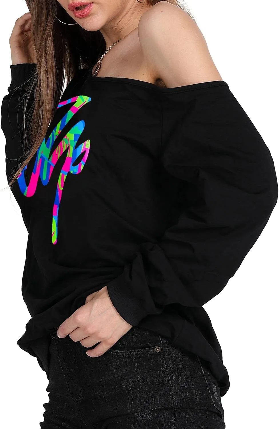 MAGICMK Woman’s Sweatershirt Lips Print Causal Blouse Off The Shoulder Long Sleeve Loose Slouchy Pullover Plus Size Tops