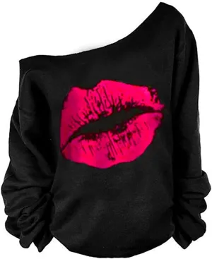 MAGICMK Woman’s Sweatershirt Lips Print Causal Blouse Off The Shoulder Long Sleeve Loose Slouchy Pullover Plus Size Tops