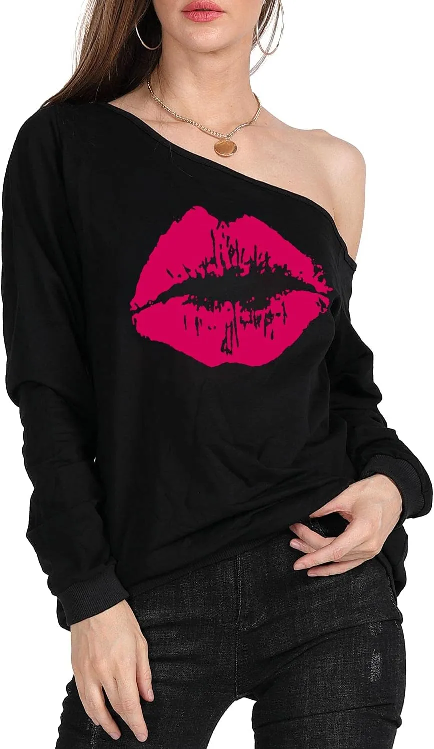 MAGICMK Woman’s Sweatershirt Lips Print Causal Blouse Off The Shoulder Long Sleeve Loose Slouchy Pullover Plus Size Tops