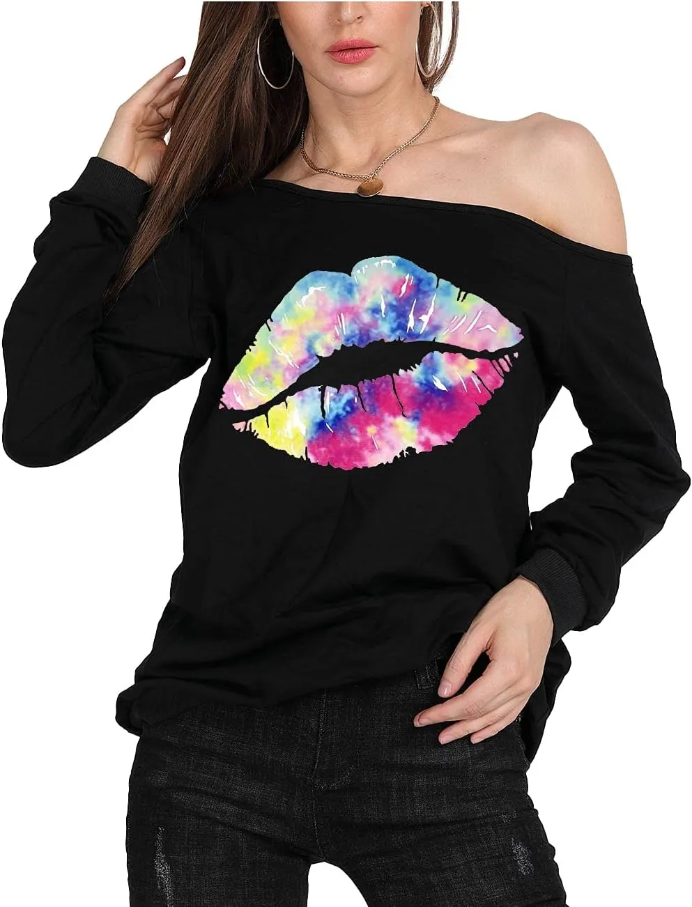 MAGICMK Woman’s Sweatershirt Lips Print Causal Blouse Off The Shoulder Long Sleeve Loose Slouchy Pullover Plus Size Tops