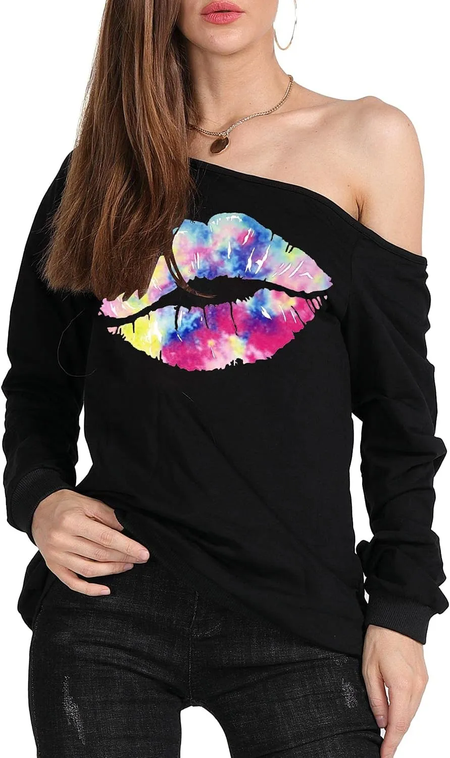 MAGICMK Woman’s Sweatershirt Lips Print Causal Blouse Off The Shoulder Long Sleeve Loose Slouchy Pullover Plus Size Tops