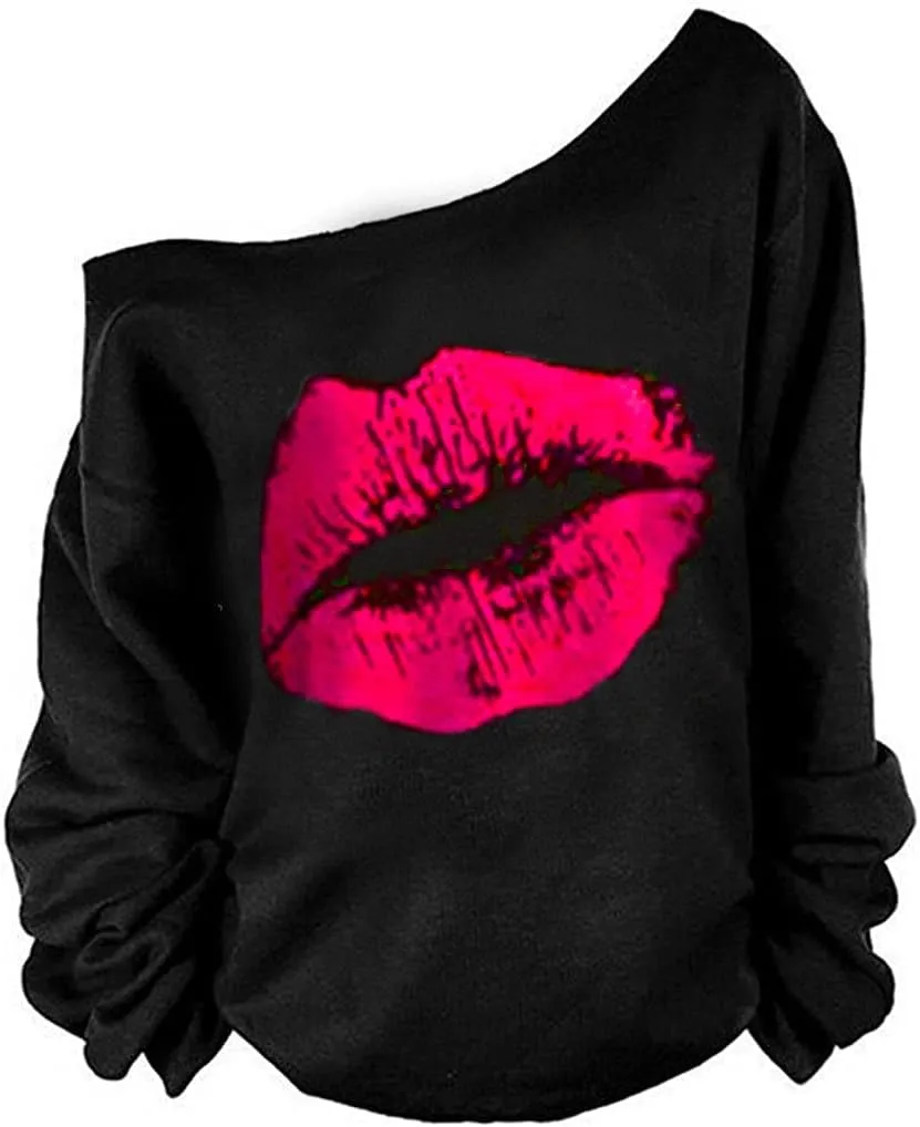 MAGICMK Woman’s Sweatershirt Lips Print Causal Blouse Off The Shoulder Long Sleeve Loose Slouchy Pullover Plus Size Tops