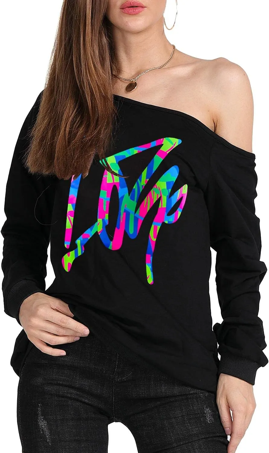 MAGICMK Woman’s Sweatershirt Lips Print Causal Blouse Off The Shoulder Long Sleeve Loose Slouchy Pullover Plus Size Tops